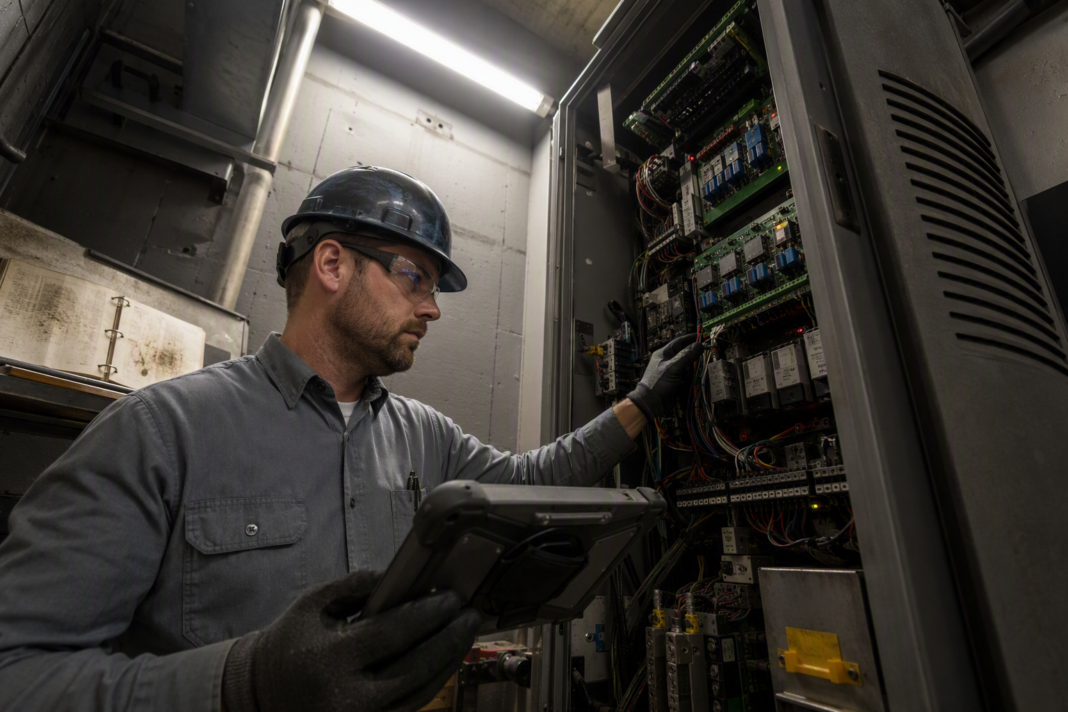 Certified elevator mechanic diagnosing a fault code on a machine room controller during an elevator out-of-service repair call in Florida