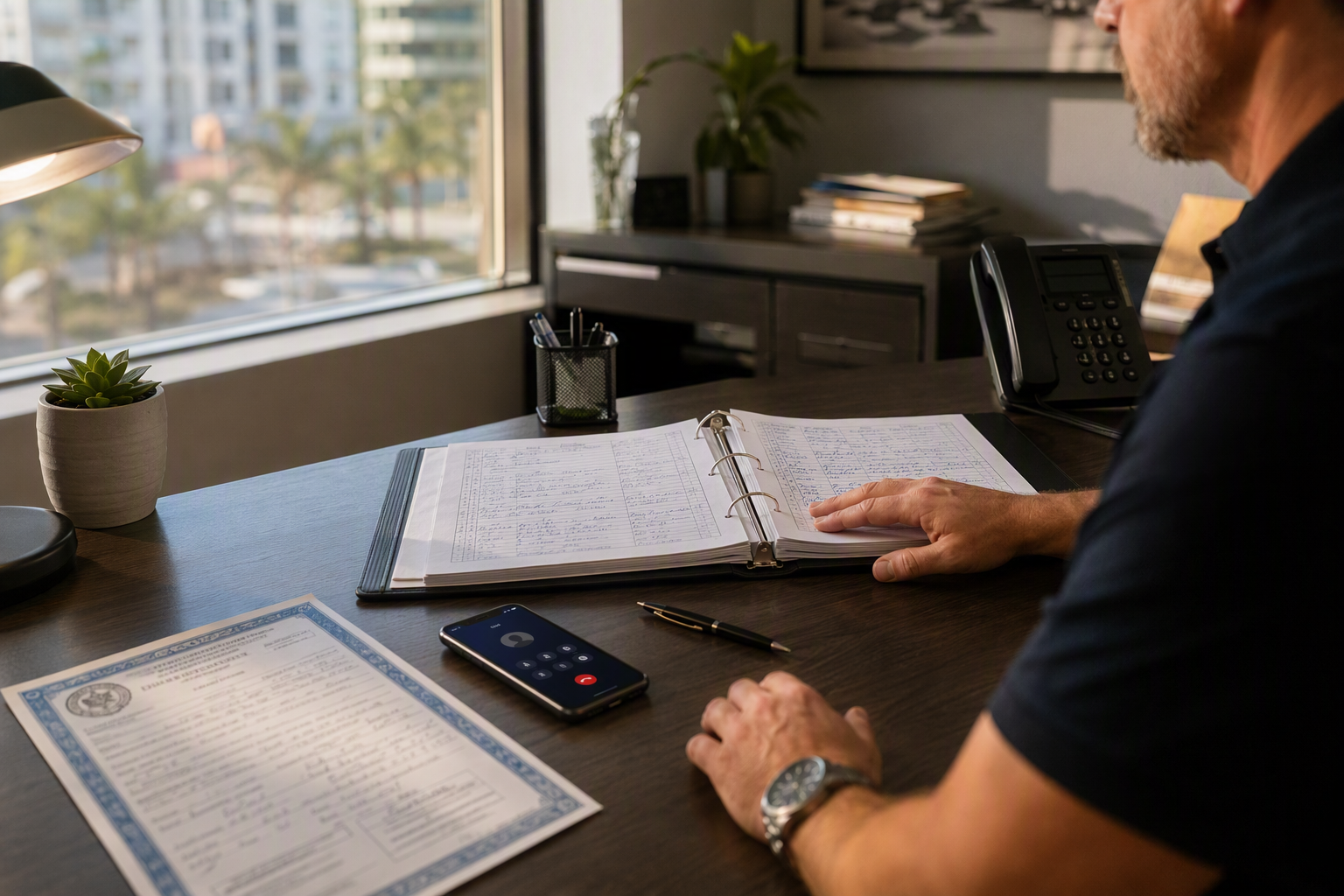 Property manager documenting an elevator out-of-service incident in a maintenance log alongside a Florida elevator inspection certificate at a Sarasota office