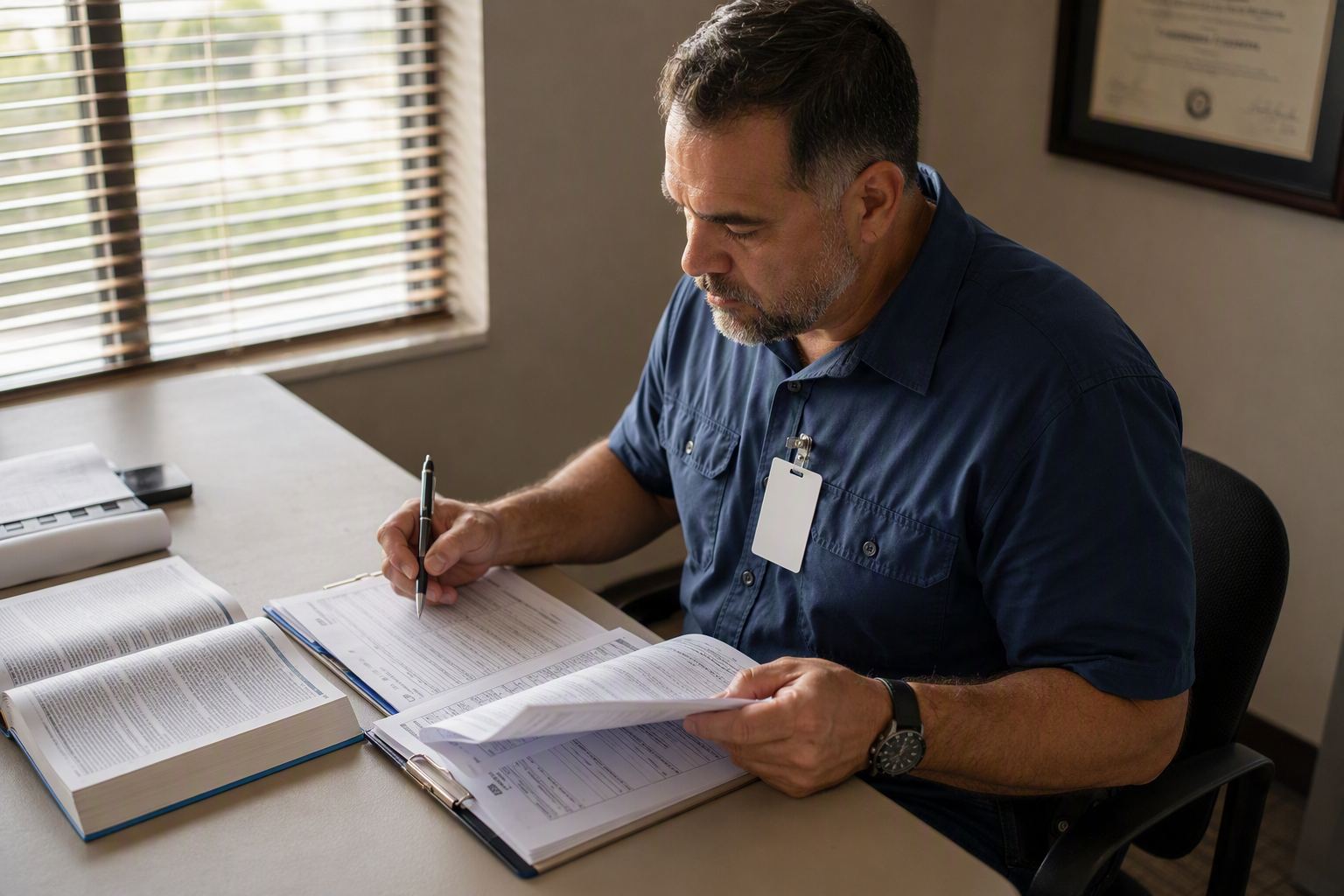 Florida elevator inspector reviewing a failed inspection report and ASME A17.1 code citations at a building management office desk, documenting deficiencies per Florida DBPR requirements.