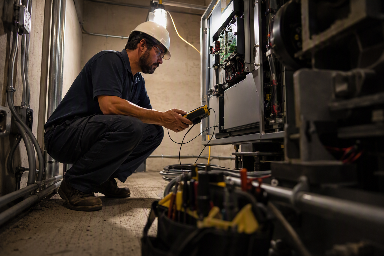 Licensed Florida elevator contractor technician diagnosing controller deficiencies in a commercial building machine room during elevator inspection failure remediation work.