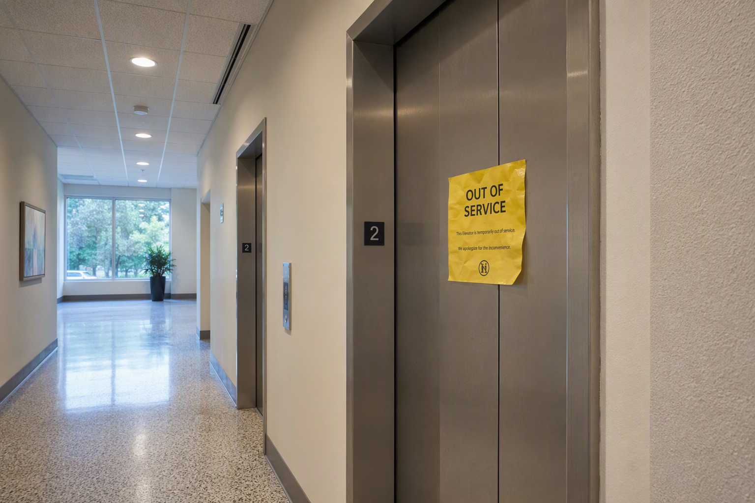 Out-of-service notice posted on a Florida commercial building elevator door after a failed elevator inspection, showing the unit taken out of service per Florida DBPR regulations.