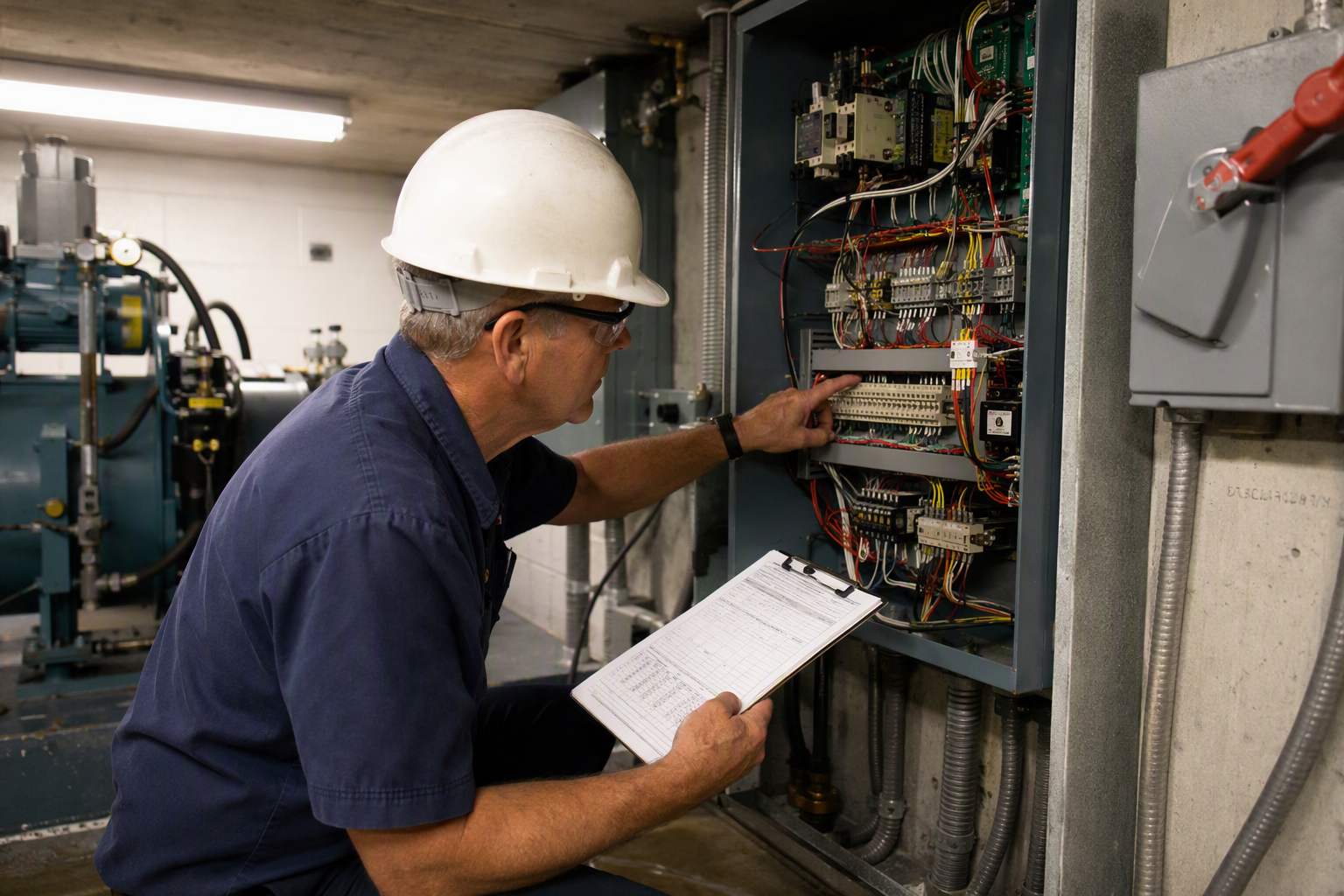 Licensed Inspector Reviewing Elevator Controller A DBPR-licensed elevator inspector examining a hydraulic elevator control panel during a Florida annual safety inspection, reviewing equipment in a South Florida building machine room.