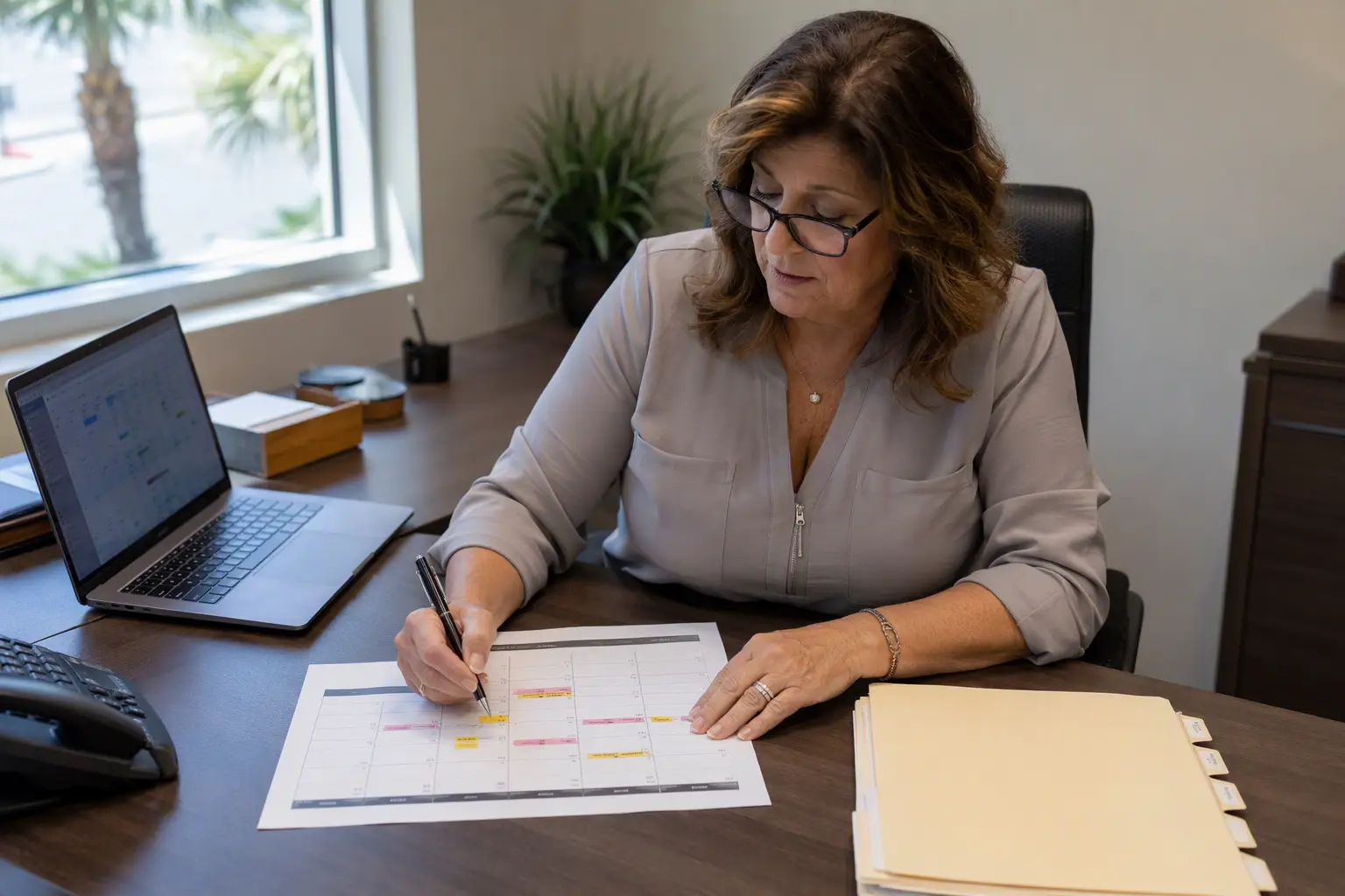 Property Manager Scheduling Florida Elevator Inspection A Sarasota Florida property manager scheduling the annual elevator inspection at her desk, reviewing an inspection calendar and maintenance records to meet Florida Chapter 399 compliance deadlines.