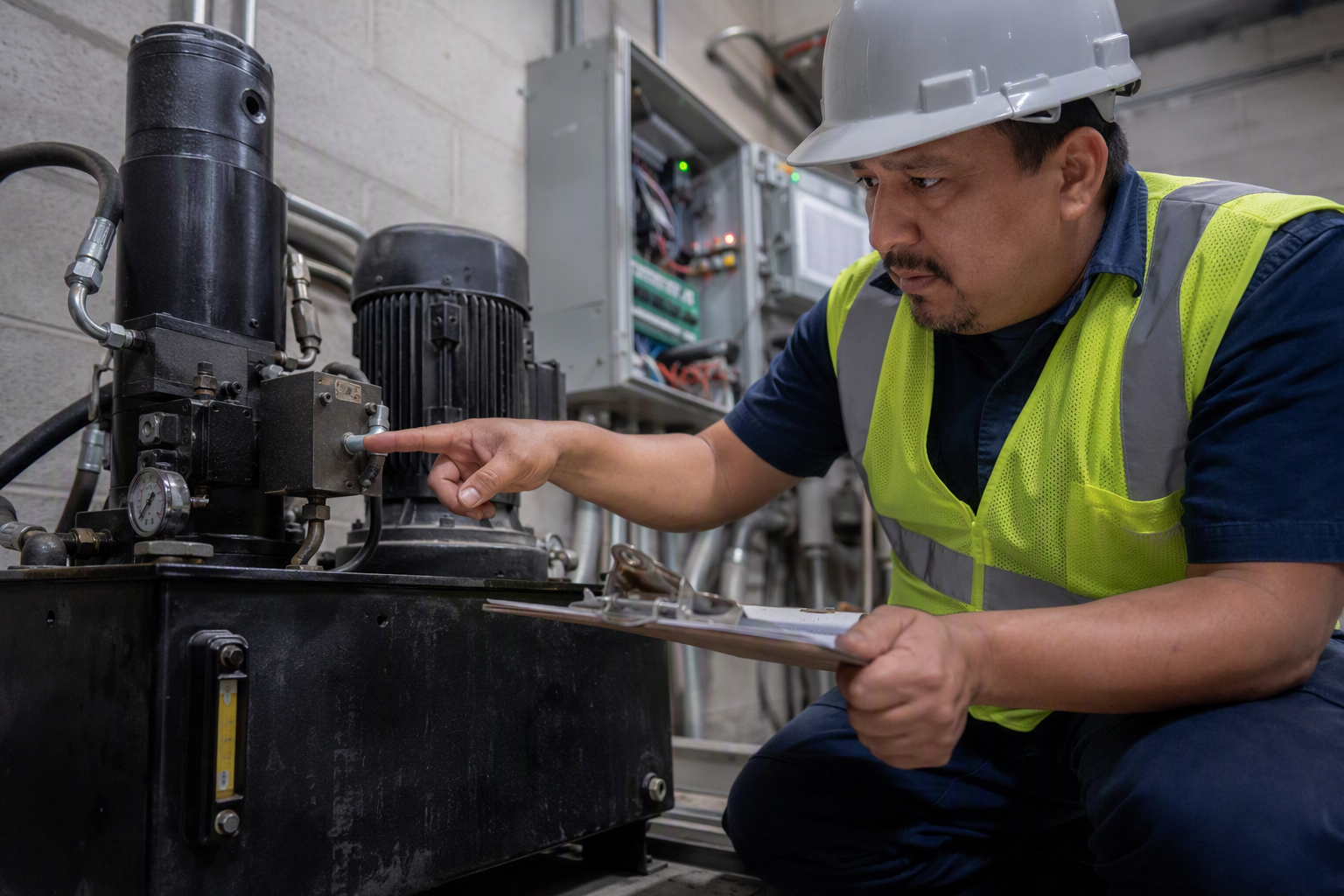 Licensed elevator inspector reviewing a hydraulic power unit in a Florida commercial building machine room during a required six-month periodic inspection.