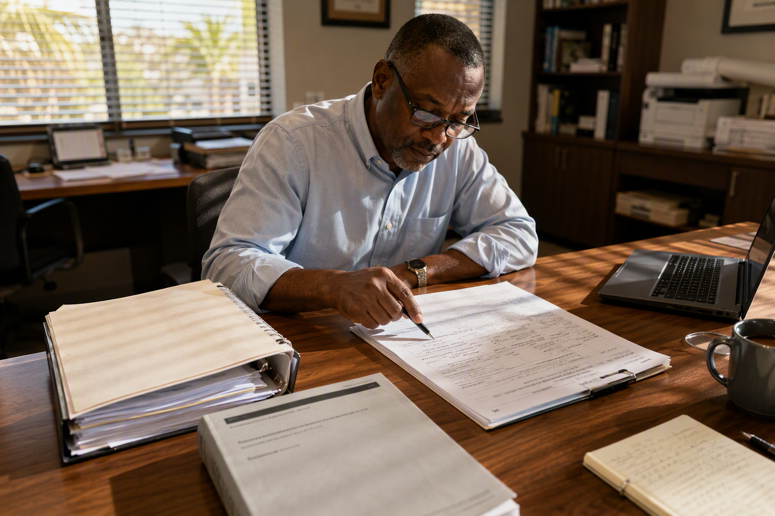 Building manager reviewing Florida elevator inspection records and ASME A17.1 compliance documents to ensure commercial elevator inspection frequency requirements are met.