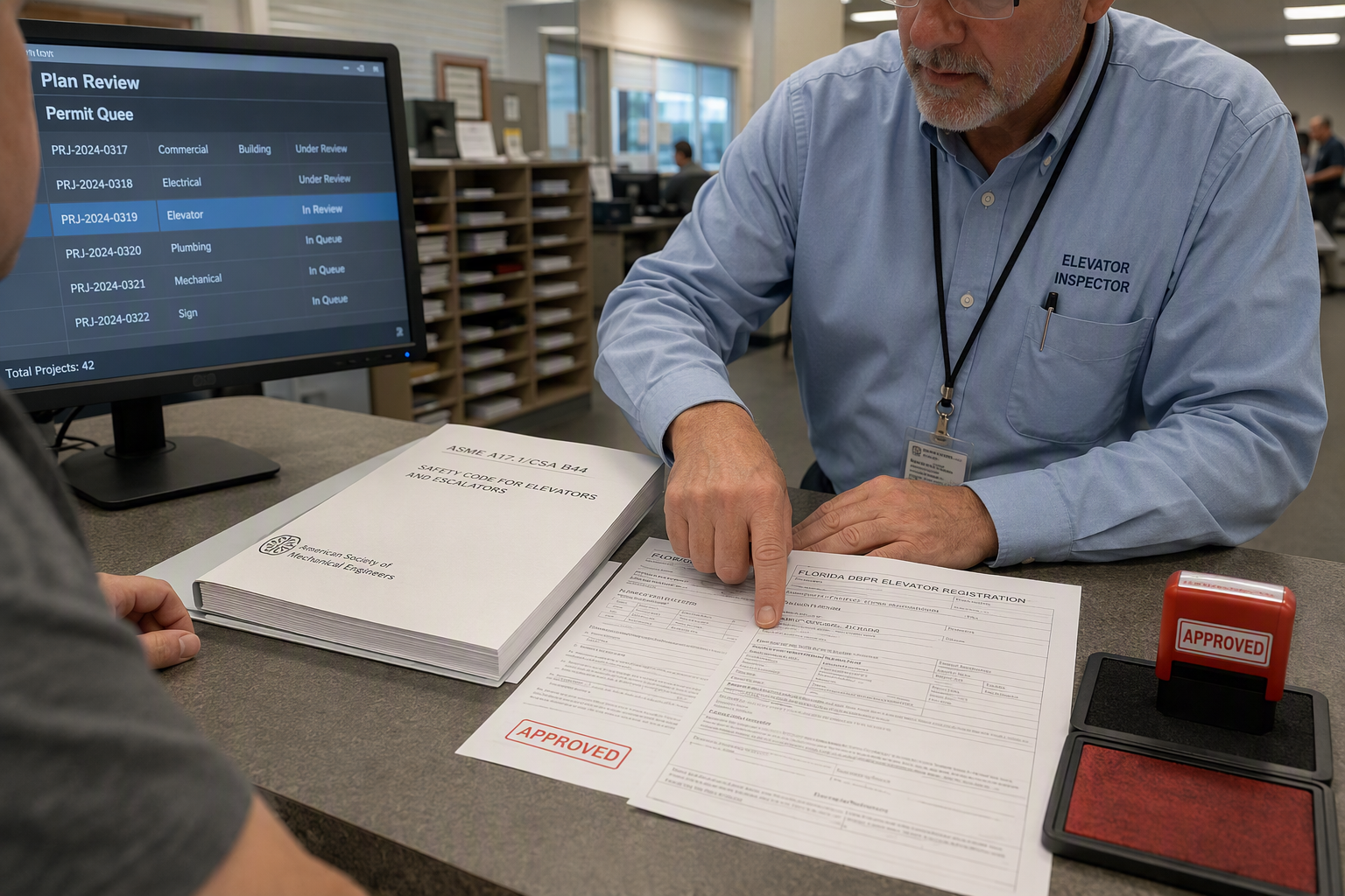 DBPR Elevator Permit Registration Review Florida DBPR elevator inspector reviewing permit registration documents and ASME A17.1 code compliance paperwork at a county building department counter