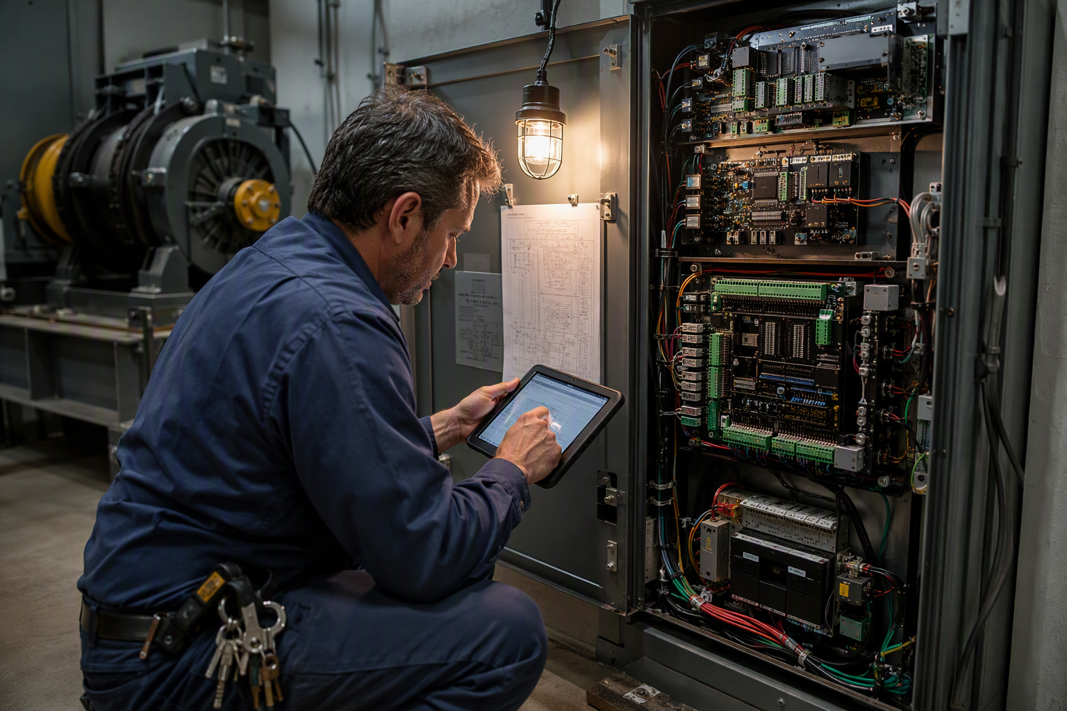 Elevator Modernization Code Compliance Check Elevator mechanic inspecting a modernized controller cabinet in a Sarasota Florida machine room during a Florida Building Code compliance verification