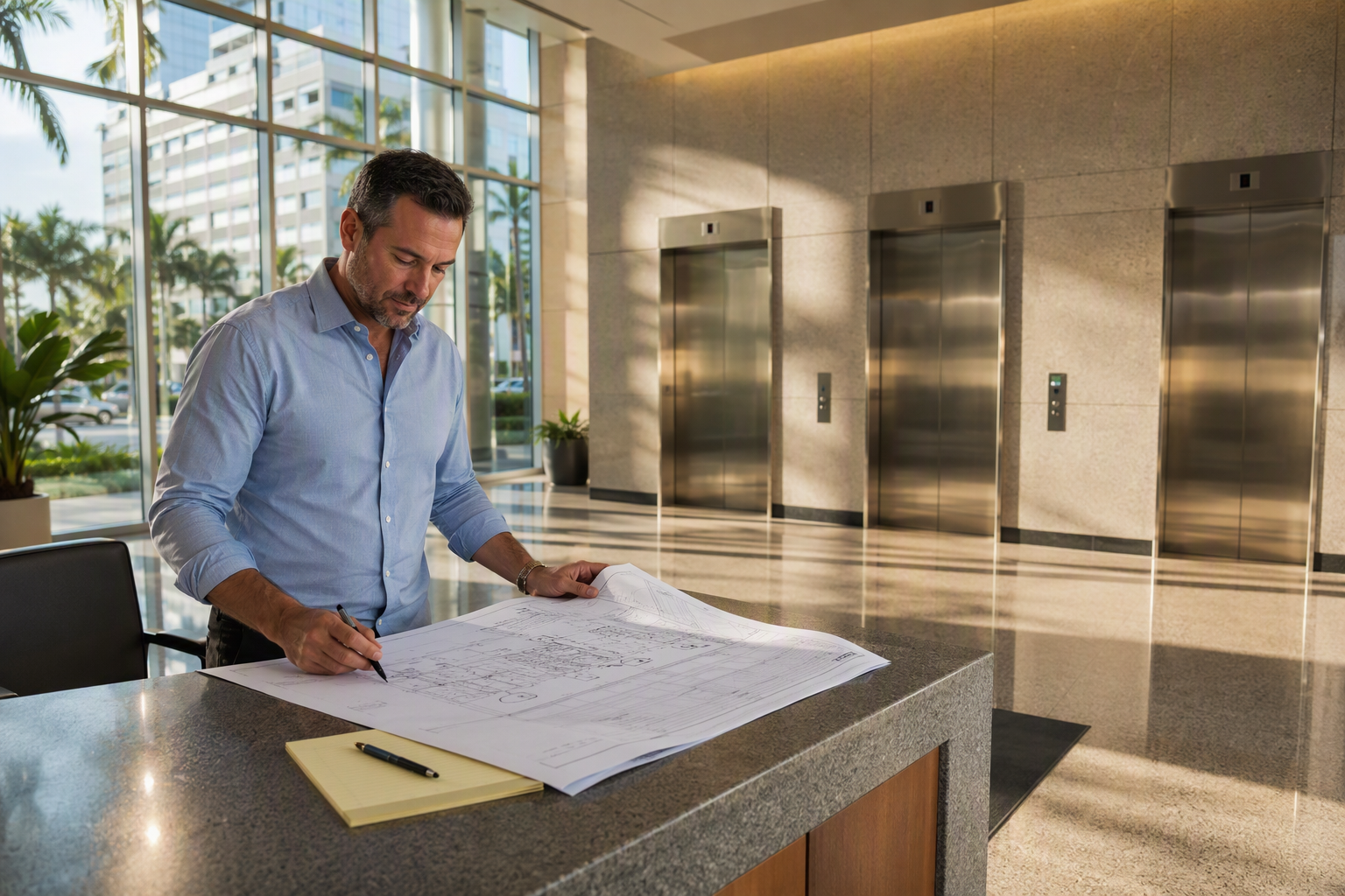 Florida Elevator Permit Plan Review Building manager reviewing Florida elevator permit drawings in a Pompano Beach commercial lobby with stainless-steel elevator doors visible in the background