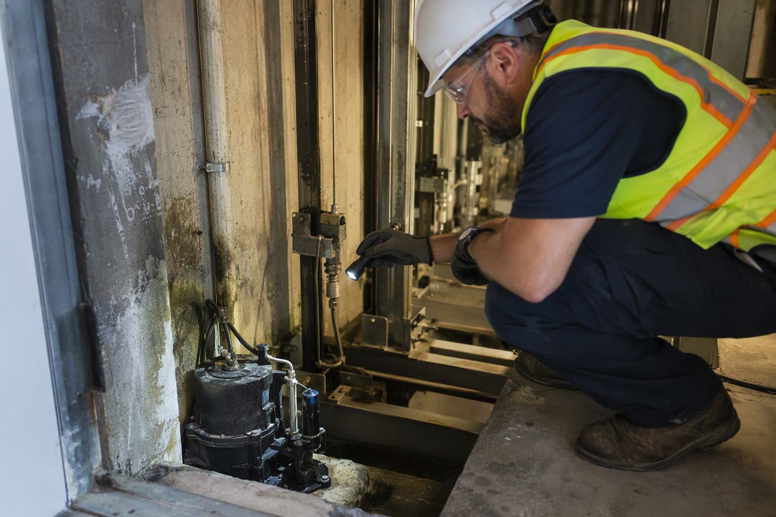 Elevator technician inspecting sump pump and pit waterproofing in South Florida building before hurricane season ends