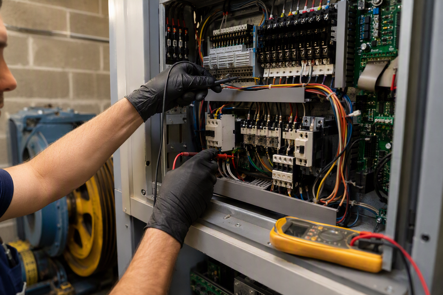 Elevator controller and wiring insulation inspection inside Florida machine room to prevent hurricane season storm surge and humidity damage