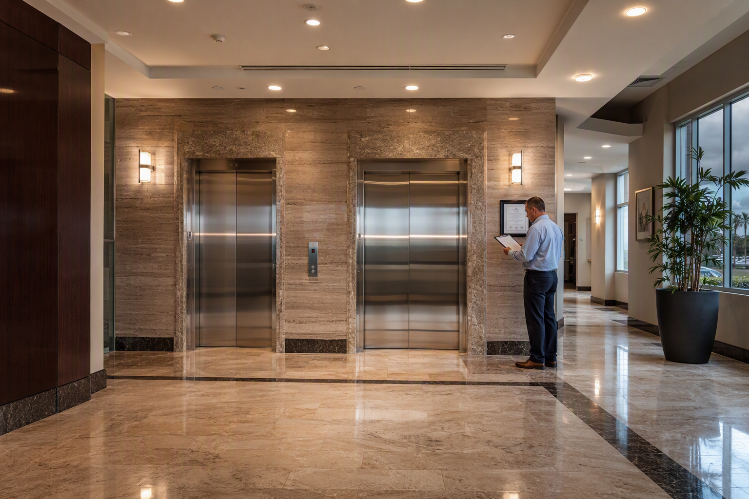 Building manager reviewing hurricane-season elevator inspection checklist in Pompano Beach Florida condo lobby before storm season ends