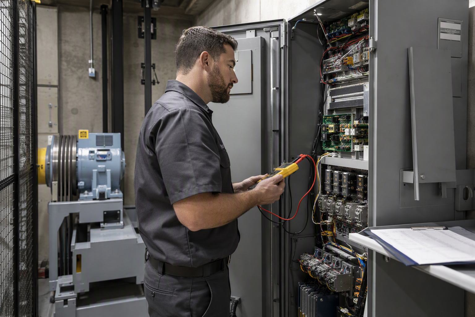 Elevator technician inspecting traction controller cabinet in a Florida building machine room, a key service covered under a full-service elevator maintenance contract