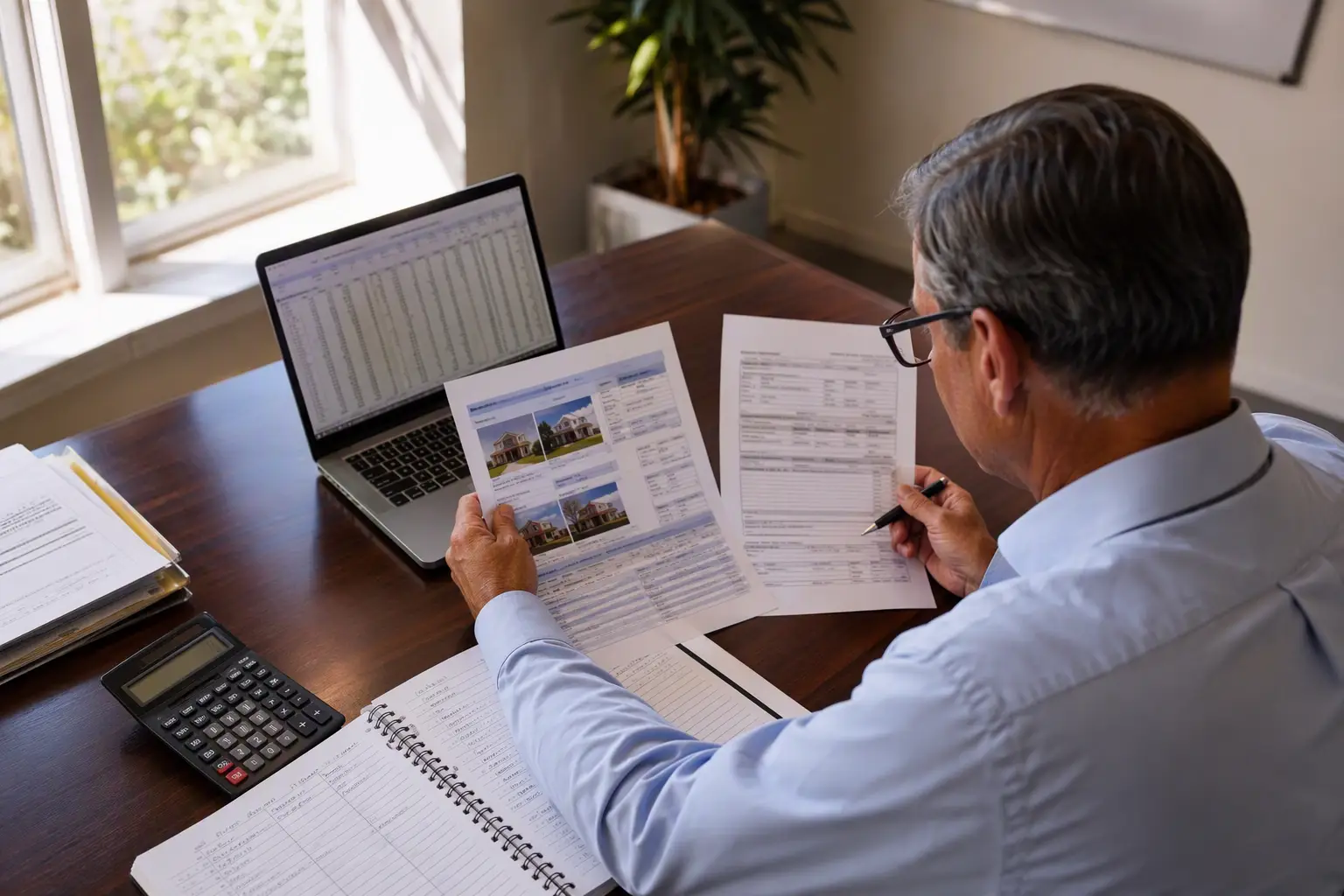Building manager reviewing elevator maintenance contract cost comparison documents and repair invoices at a Florida property management office desk