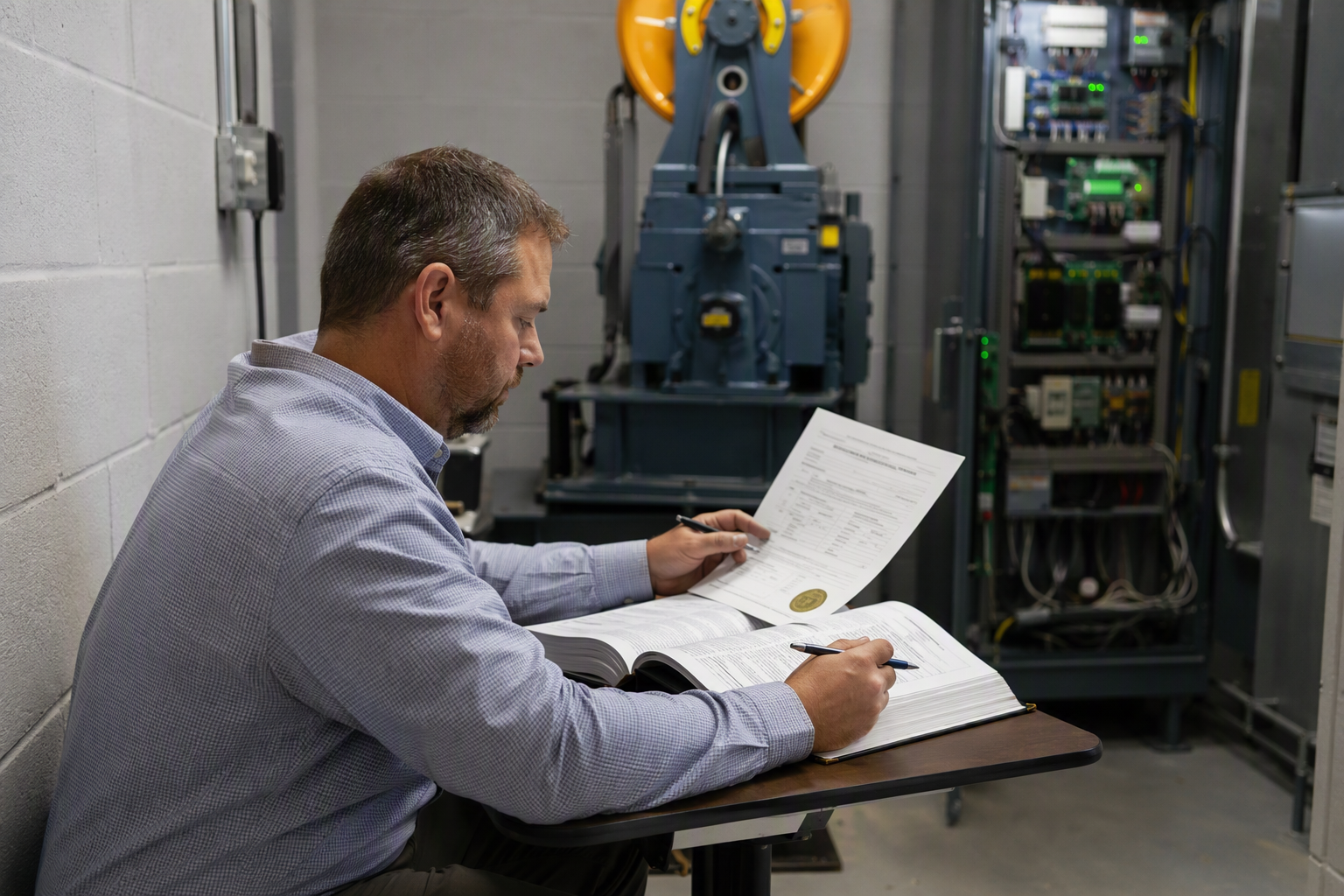 DBPR Elevator Inspection and Code Review Elevator compliance inspector reviewing DBPR Certificate of Operation inside a machine room during a Florida hospital elevator inspection for code compliance