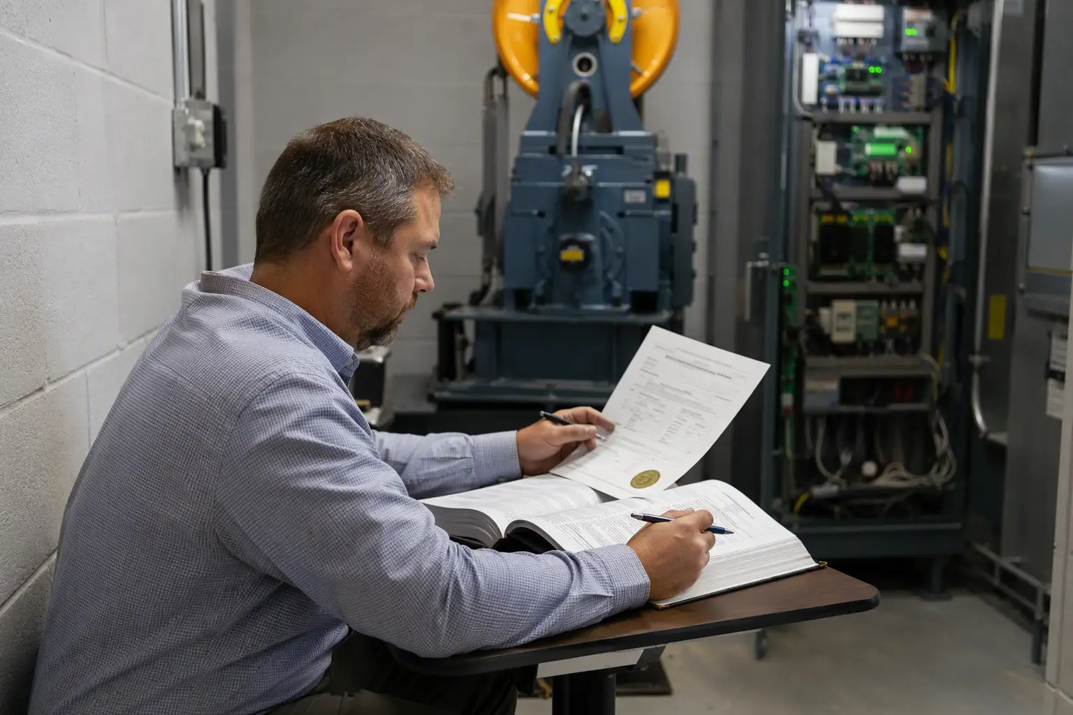 DBPR Elevator Inspection and Code Review Elevator compliance inspector reviewing DBPR Certificate of Operation inside a machine room during a Florida hospital elevator inspection for code compliance