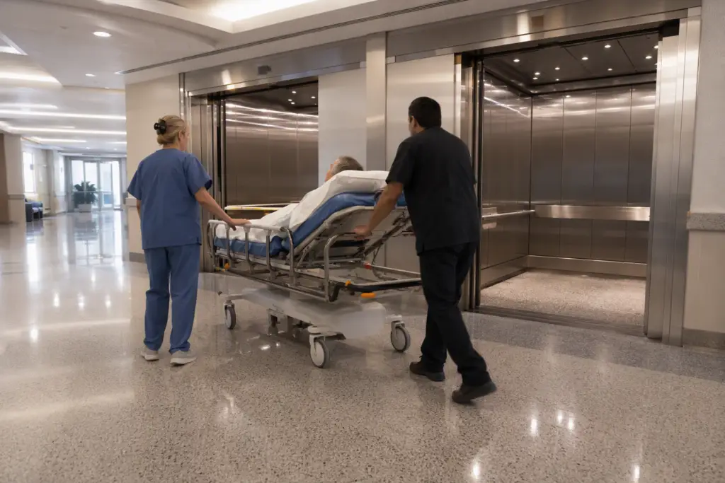Hospital elevator with wide cab doors open to receive a gurney in a South Florida healthcare facility meeting ASME A17.1 and Florida Building Code compliance standards