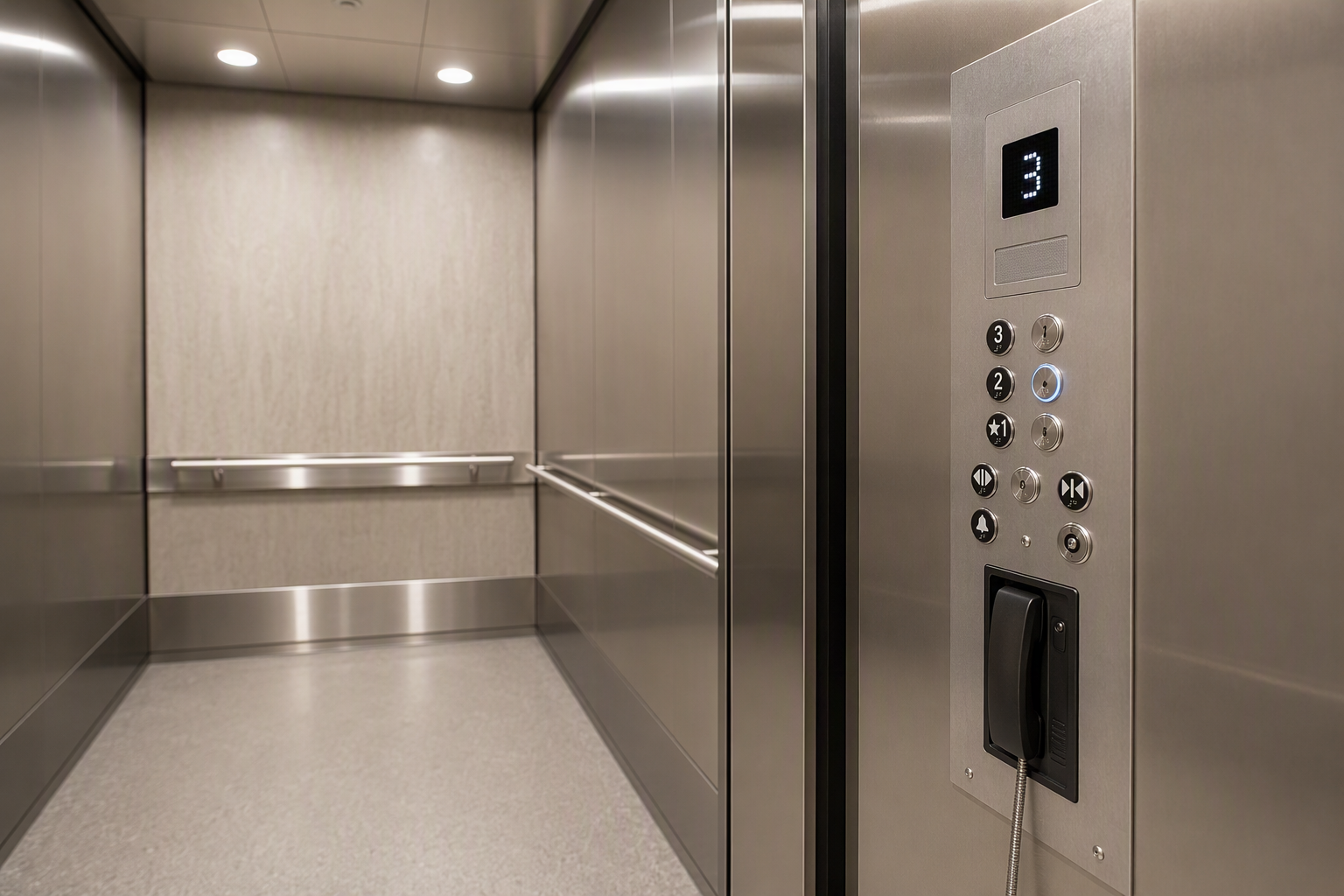 ADA-Compliant Hospital Elevator Cab Controls and Interior ADA-compliant hospital elevator cab interior showing tactile Braille control panel, emergency phone, and handrail meeting healthcare facility safety and accessibility requirements