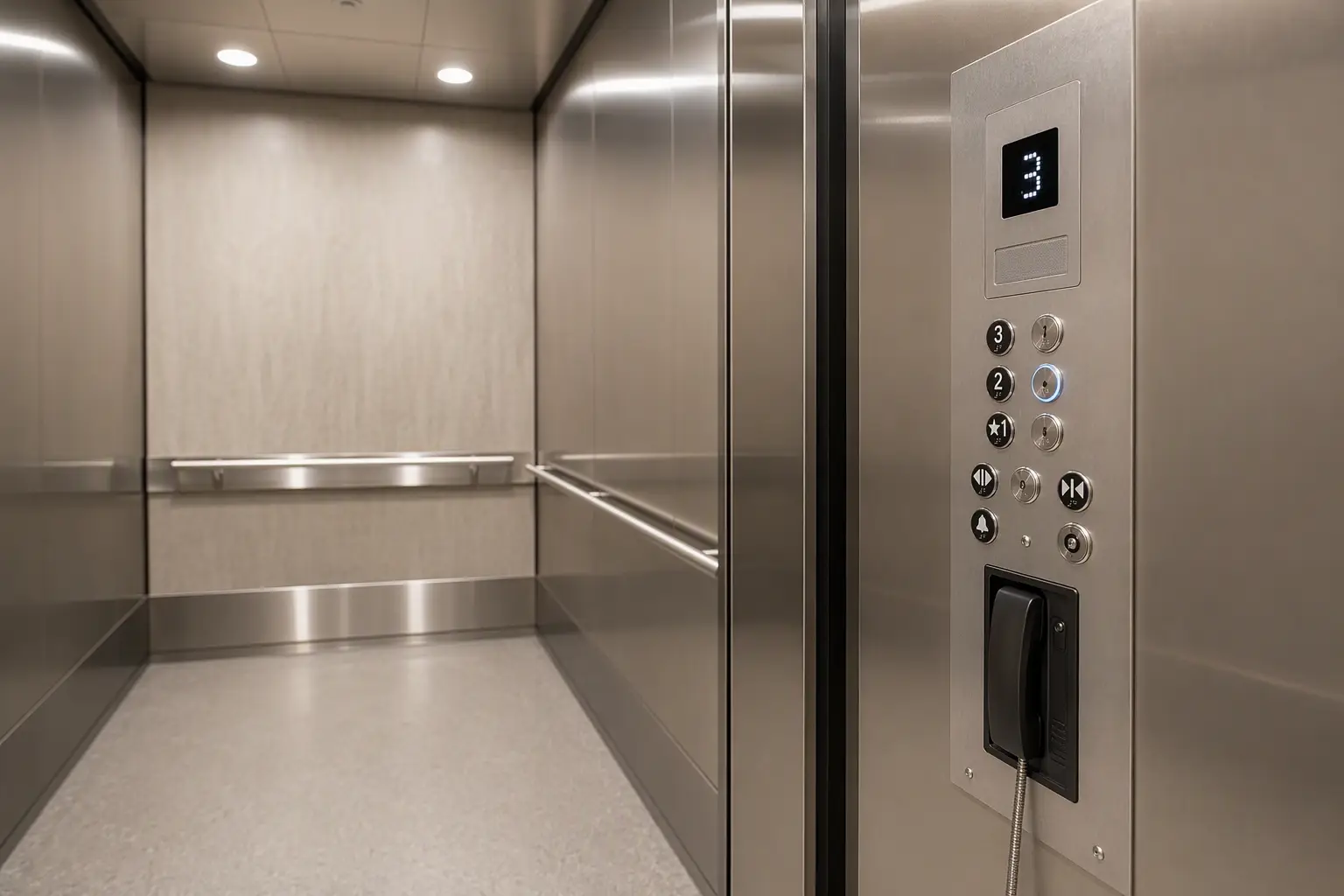 ADA-Compliant Hospital Elevator Cab Controls and Interior ADA-compliant hospital elevator cab interior showing tactile Braille control panel, emergency phone, and handrail meeting healthcare facility safety and accessibility requirements