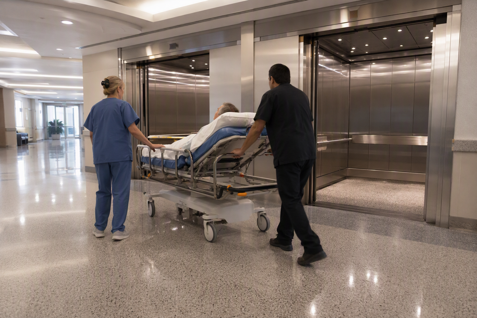 Hospital-Grade Elevator in a Florida Healthcare Facility Hospital elevator with wide cab doors open to receive a gurney in a South Florida healthcare facility meeting ASME A17.1 and Florida Building Code compliance standards