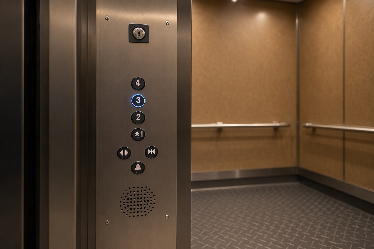 Close-up of a hospital elevator cab fire service Phase I and Phase II key switch panel with emergency communication speaker, required under ASME A17.1 for Florida healthcare facility compliance.