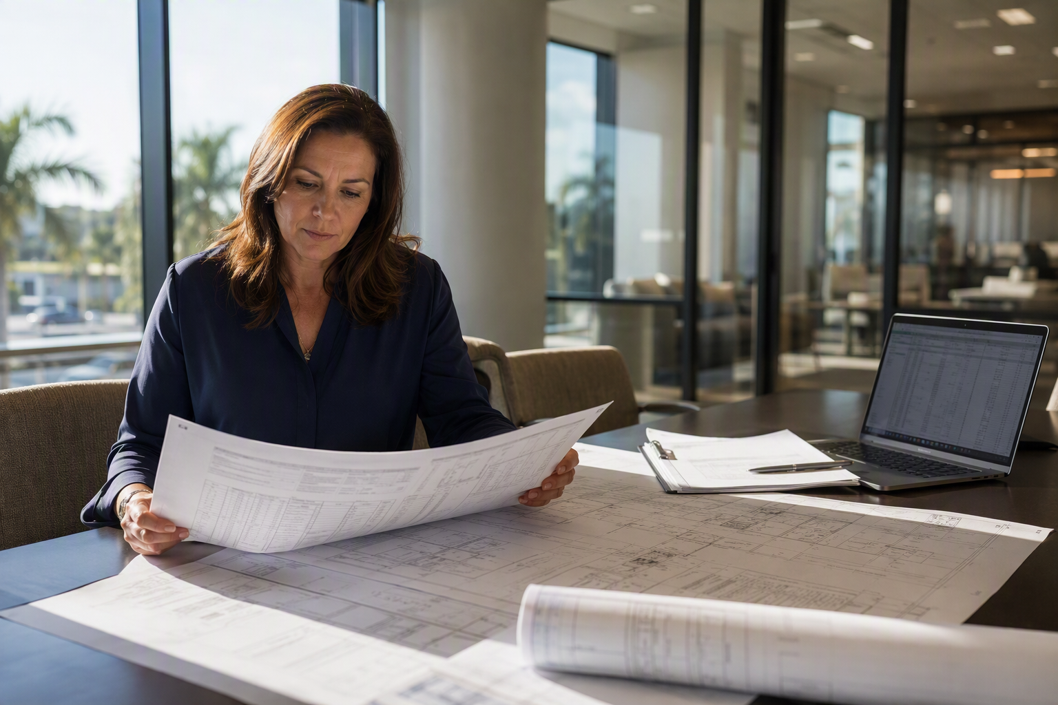 Hospital facilities director reviewing elevator upgrade compliance plans and modernization checklists at a desk, representing 2026 healthcare elevator code requirements in Florida.