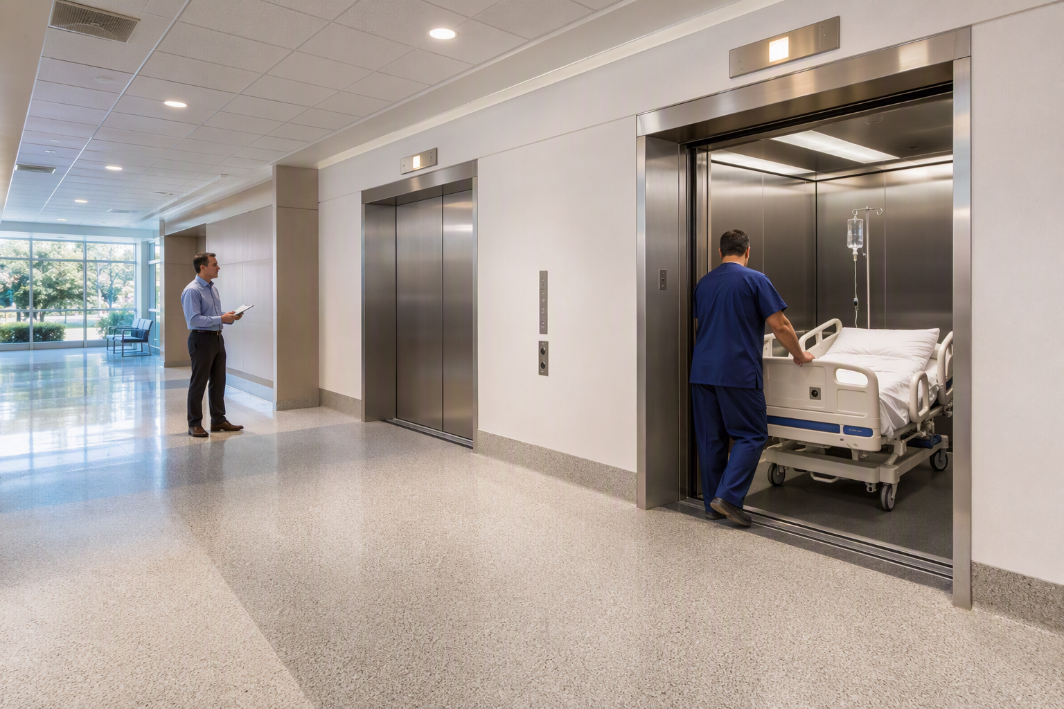 Hospital orderly guiding a patient bed into a wide stainless-steel elevator in a Florida healthcare facility, illustrating 2026 elevator compliance requirements for hospitals.