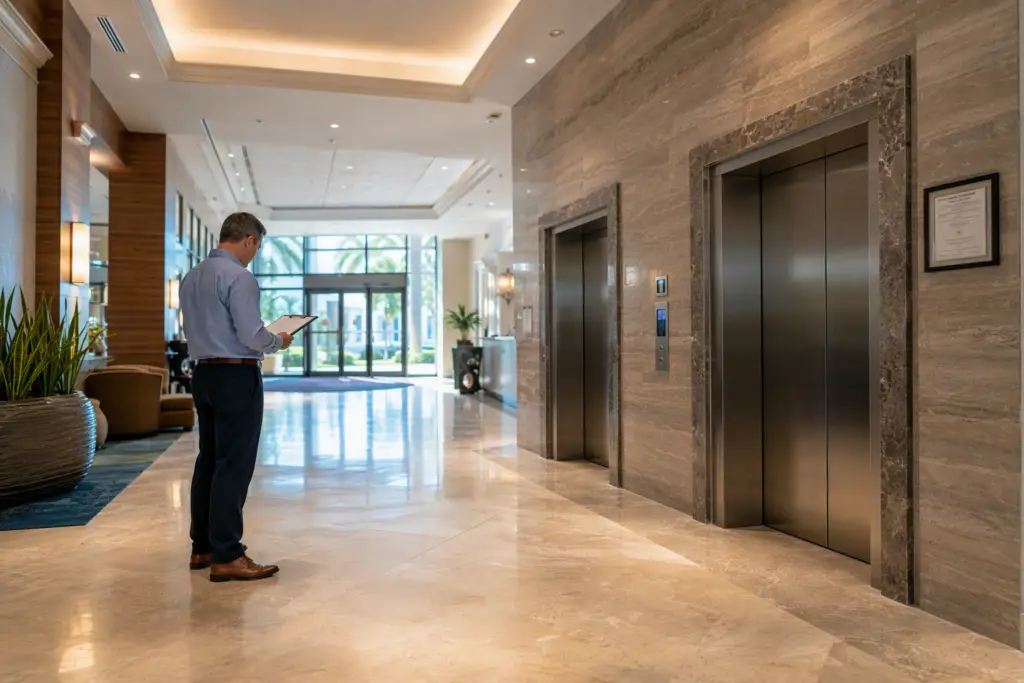 Hotel elevator lobby in Pompano Beach FL showing stainless steel elevator doors and posted DBPR operating certificate, illustrating Florida elevator compliance requirements for hospitality buildings