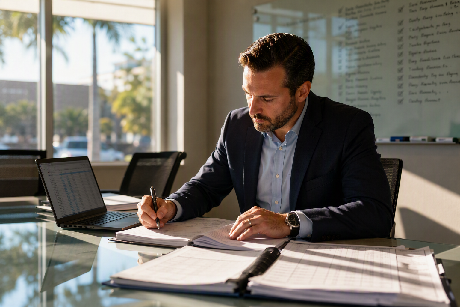 Hotel Elevator Liability Documentation Review Hotel property manager reviewing elevator maintenance logs and inspection records at a Florida property management office to assess liability risks from elevator non-compliance