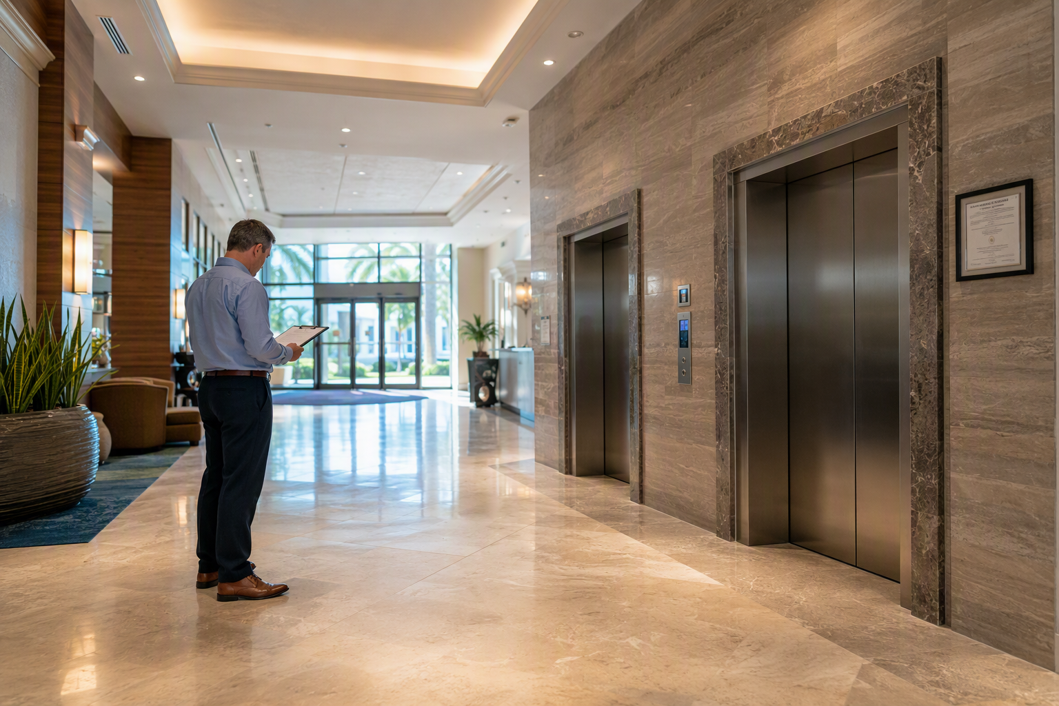 Florida Hotel Elevator Compliance Hotel elevator lobby in Pompano Beach FL showing stainless steel elevator doors and posted DBPR operating certificate, illustrating Florida elevator compliance requirements for hospitality buildings