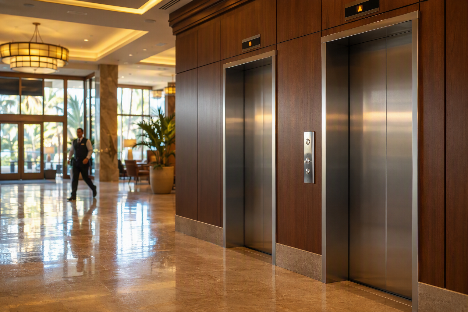 Florida Hotel Elevator Bank — Preventive Maintenance in Practice Hotel elevator bank with stainless-steel doors and floor indicator in a Florida hospitality lobby, illustrating top-rated hotel elevator maintenance practices.