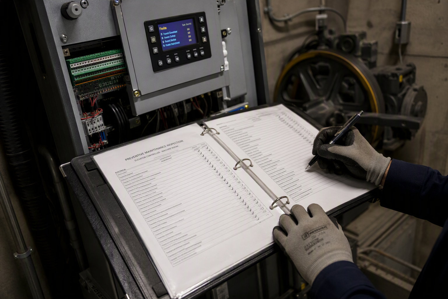 PM Inspection Documentation — Machine Room Controller Elevator technician completing a preventive maintenance inspection checklist on a hotel elevator machine-room controller panel in a Florida commercial facility.