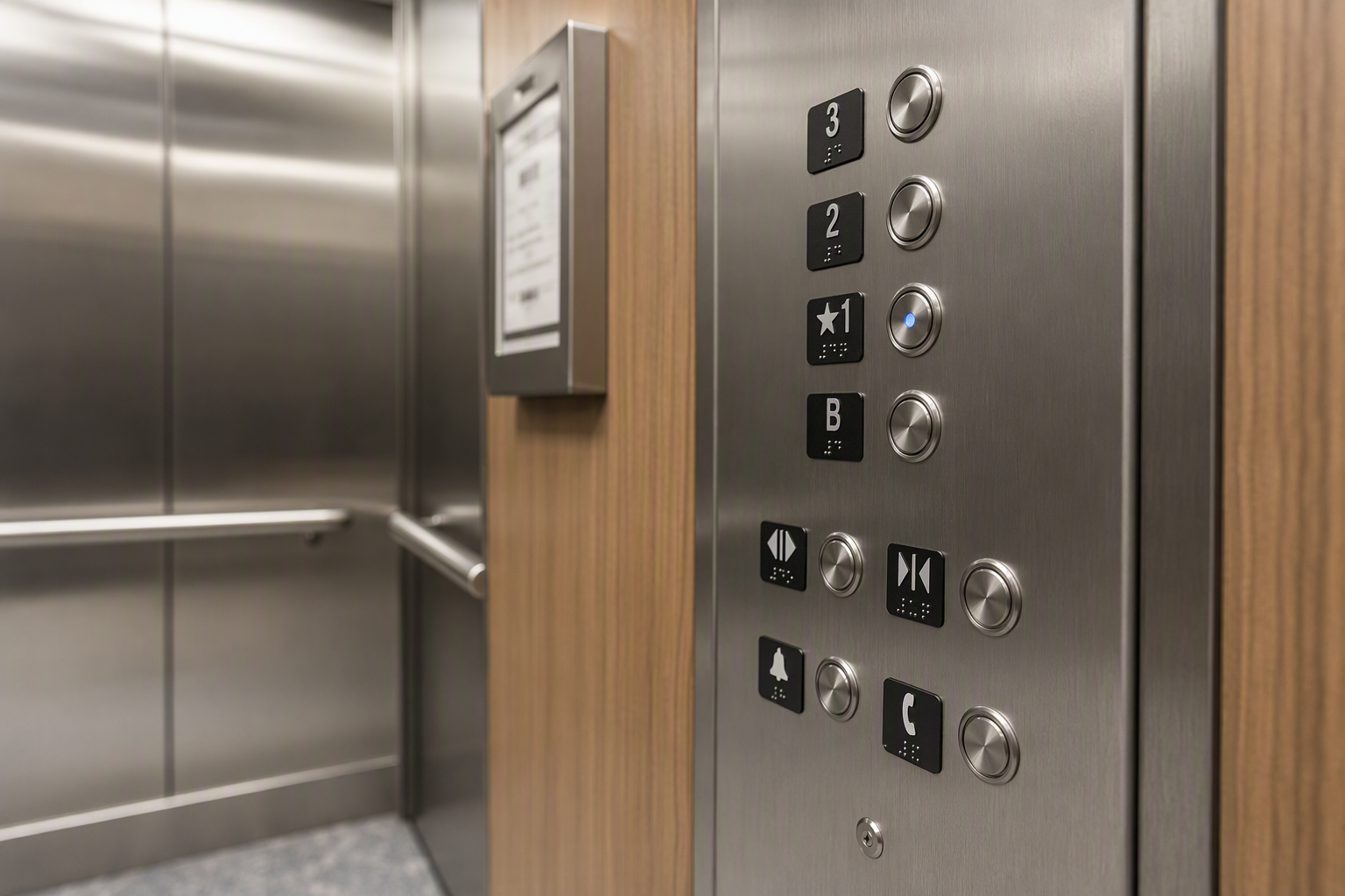 ADA-Compliant Cab Control Panel — Hotel Elevator Interior ADA-compliant elevator cab control panel with Braille labeling and tactile floor buttons inside a Florida hotel elevator, supporting accessibility compliance reviews.