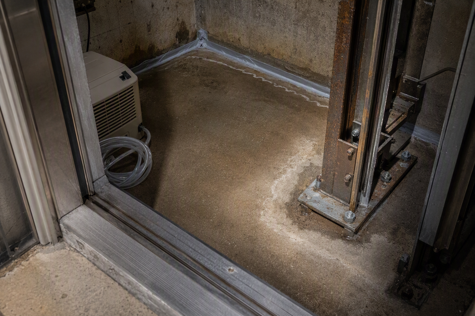 Elevator Pit Corrosion from Florida Coastal Humidity Elevator pit in Pompano Beach FL showing moisture staining, guide rail corrosion, and waterproof sealant applied to combat Florida humidity effects on elevator components