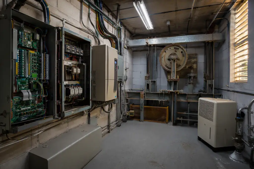 Florida elevator machine room showing controller panel, sheave, and dehumidifier unit used to combat humidity and heat damage to elevator components in Pompano Beach FL