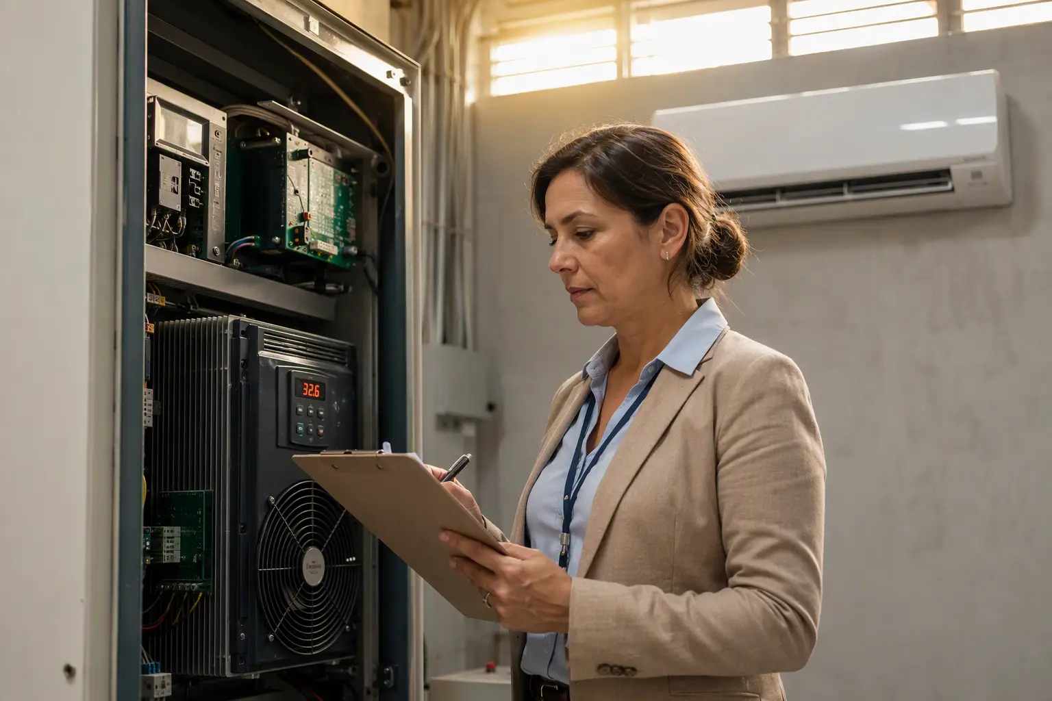 Reviewing Elevator Heat Management Logs in Florida Machine Room Facilities manager reviewing elevator machine room temperature logs beside a VFD controller panel in a South Florida commercial building to ensure heat-related maintenance compliance