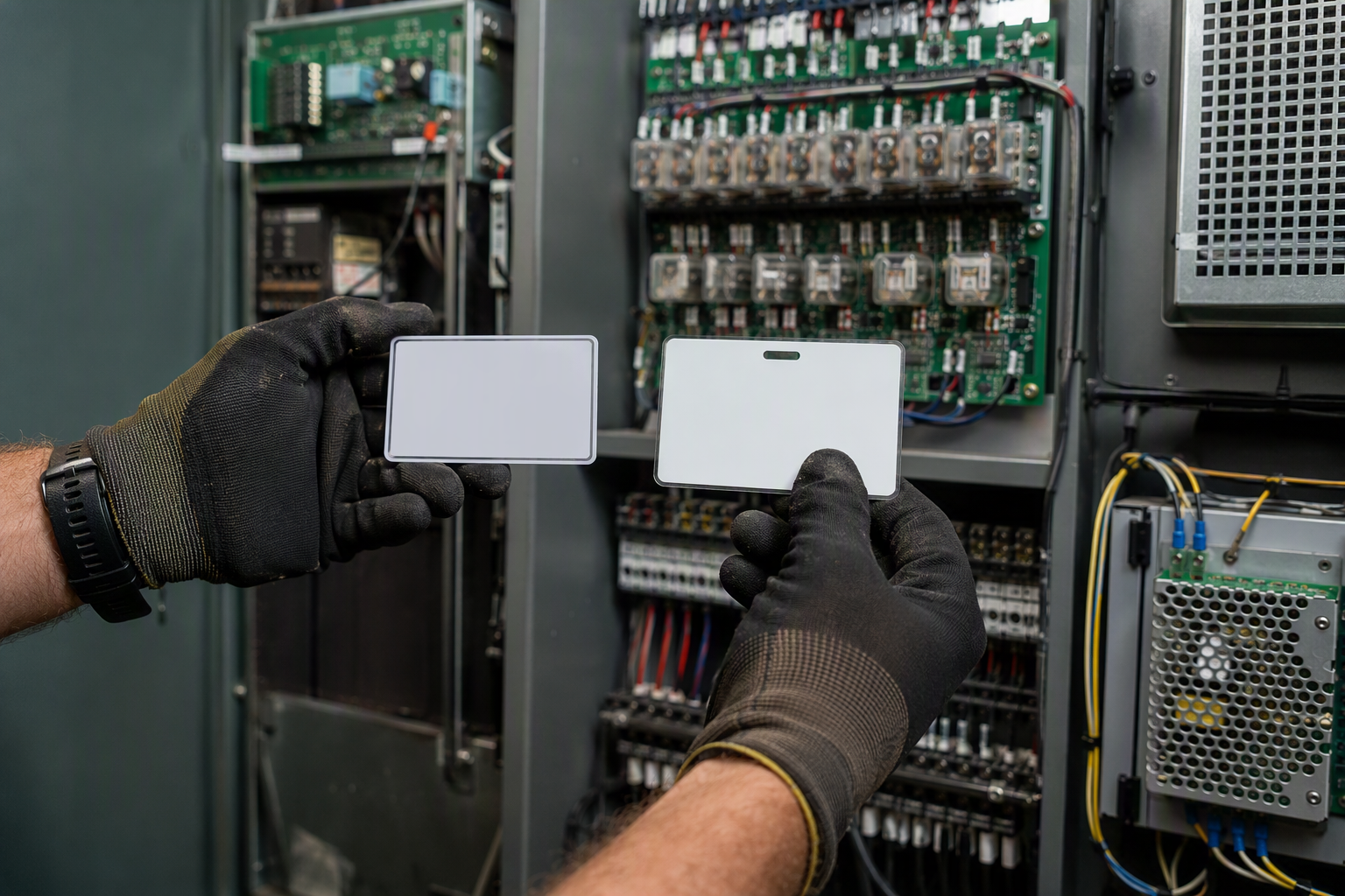 Verifying Florida Elevator Contractor Licenses Elevator mechanic holding Florida DBPR contractor license and technician certification card in front of an elevator machine-room controller panel during a compliance verification check