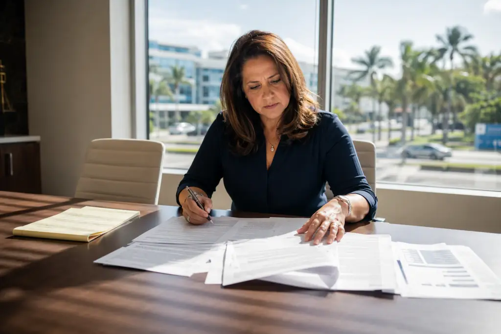 Building manager reviewing an elevator maintenance contract and Florida DBPR license verification documents at a conference table in a Pompano Beach commercial office