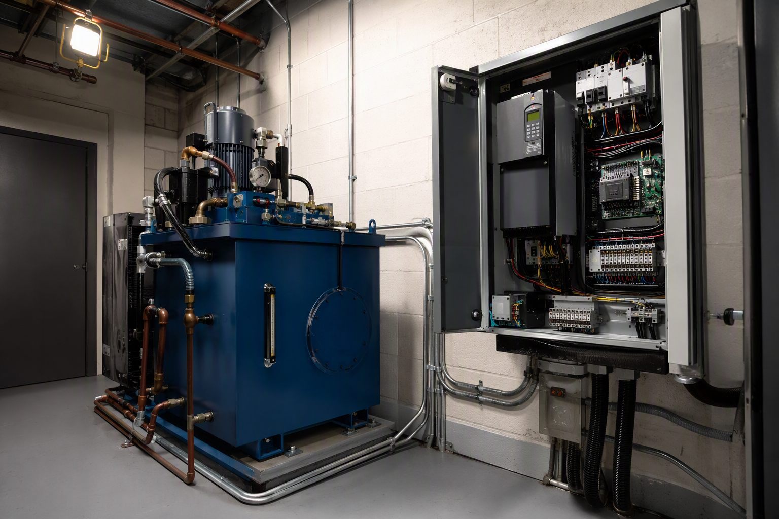 Hydraulic power unit and MRL traction VFD controller inside a Florida commercial elevator machine room showing equipment cost differences between elevator types