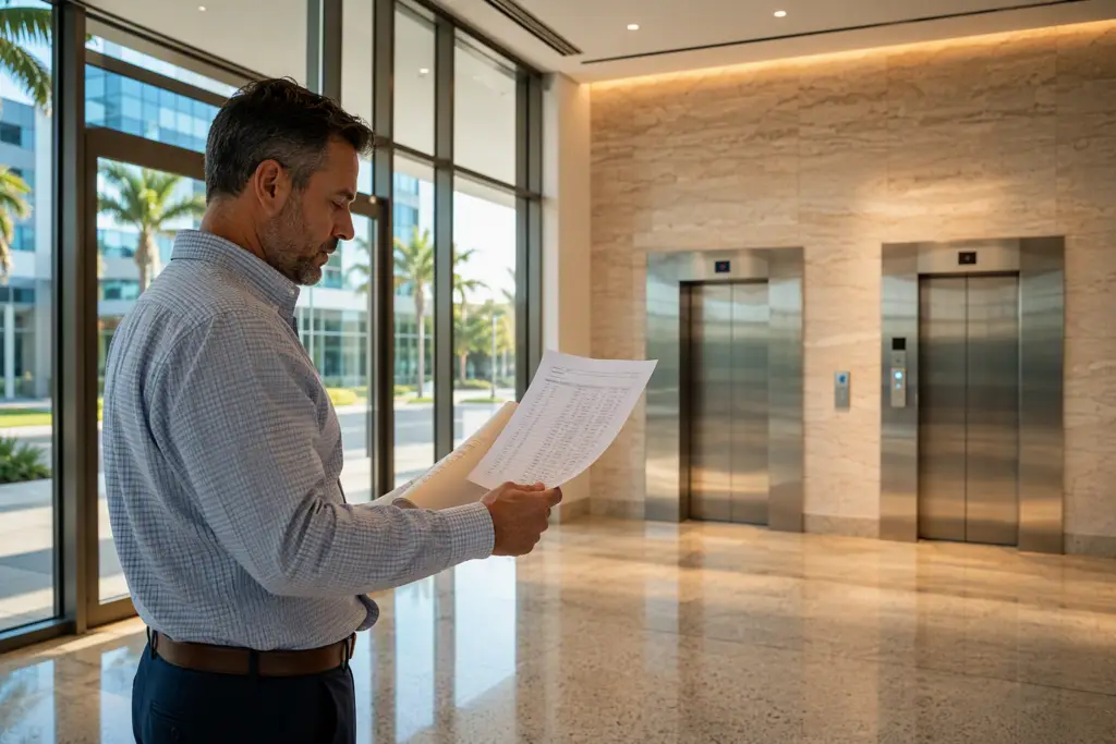 Building manager reviewing commercial elevator installation cost estimate in a South Florida lobby with stainless-steel elevator doors visible in the background