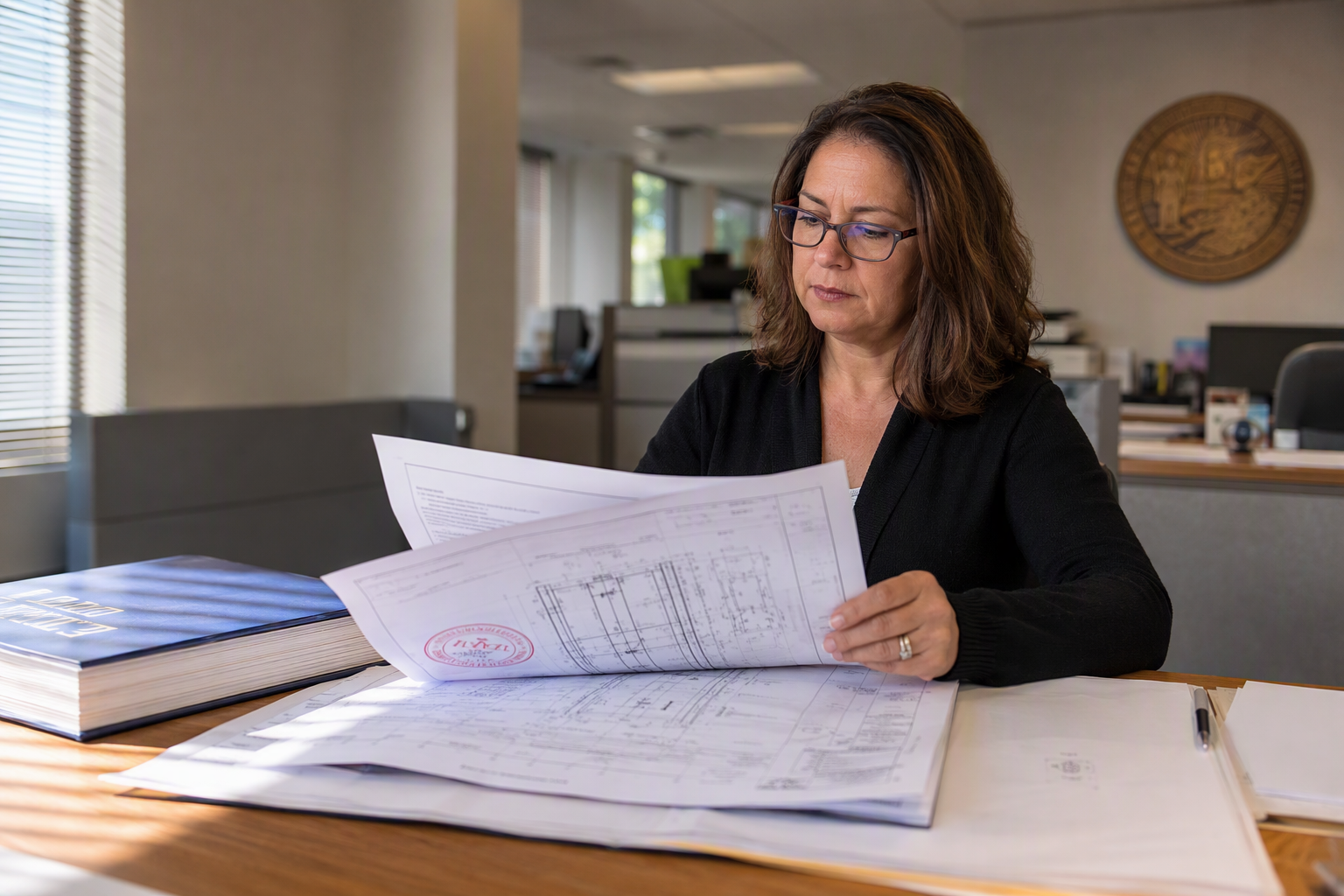 Florida county permit coordinator reviewing commercial elevator installation permit application and hoistway drawings for code compliance