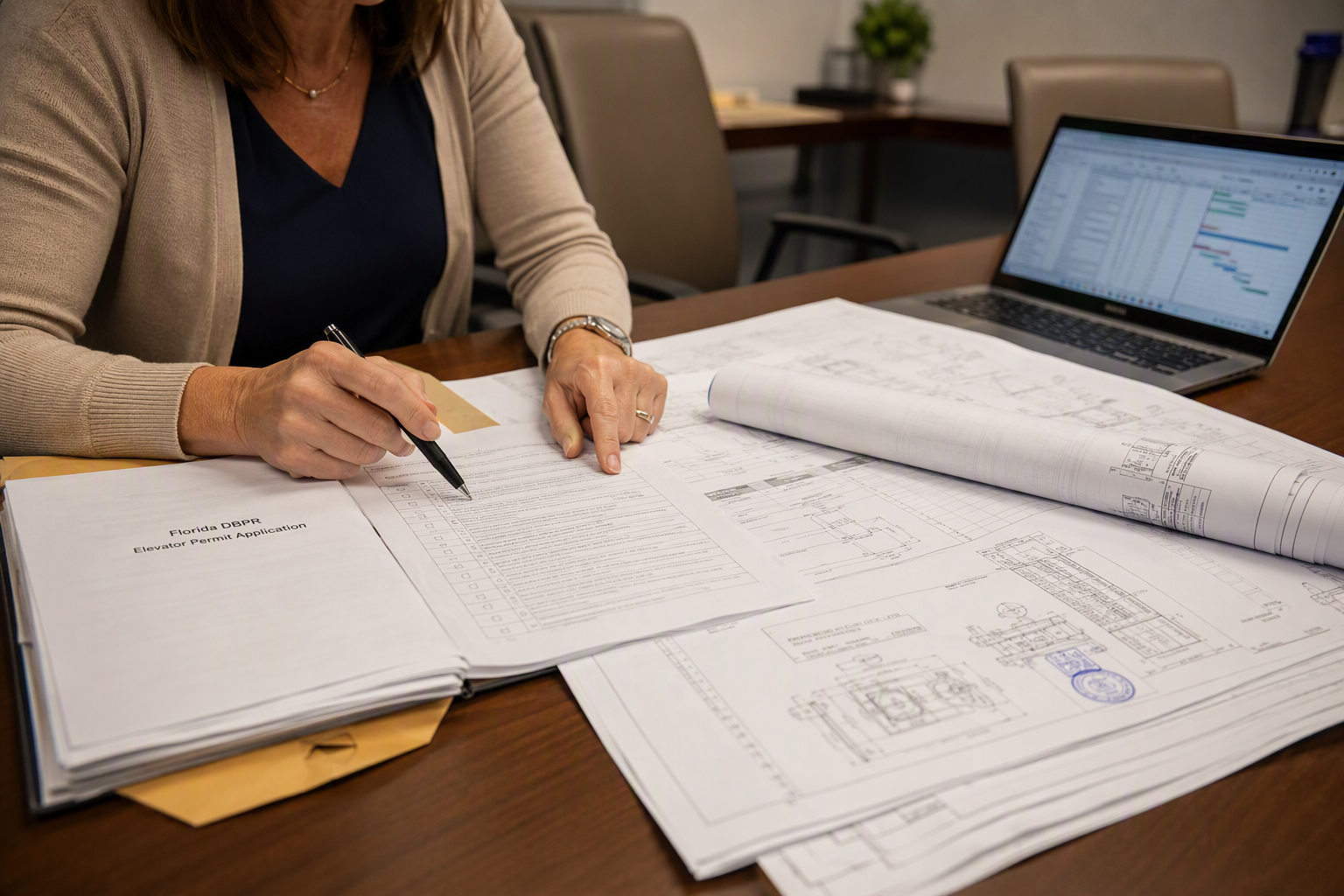 Building manager reviewing Florida elevator permit documents and project schedule, a required step before new commercial elevator installation can begin under DBPR Chapter 399.