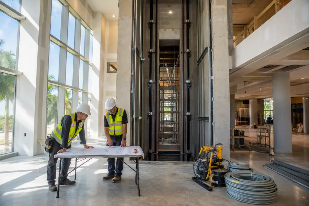 Elevator mechanics reviewing installation plans beside an open commercial building hoistway in Florida, illustrating the on-site phase of a new elevator installation project.
