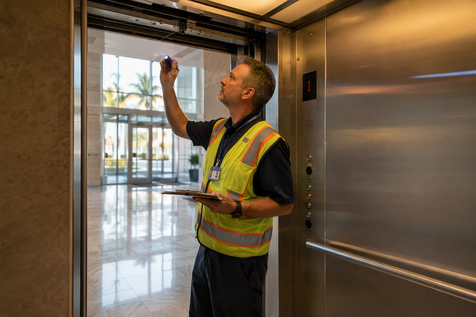 Florida elevator inspector examining a newly installed commercial elevator cab during the state-mandated acceptance inspection required before passenger use in a Pompano Beach office building.