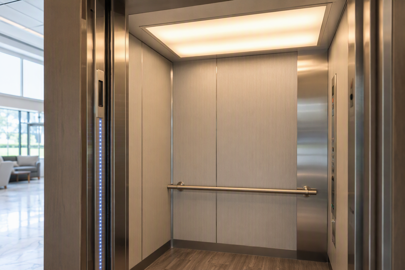 ADA-compliant elevator cab interior showing updated door-reopening device, digital floor indicator, and handrail required under Florida elevator code changes for healthcare facilities in 2026
