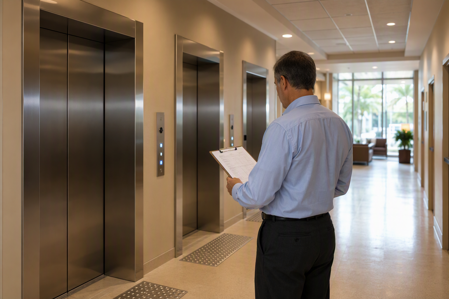 Facilities manager reviewing elevator compliance documentation in a Florida healthcare facility corridor ahead of 2026 and 2027 Florida elevator code changes