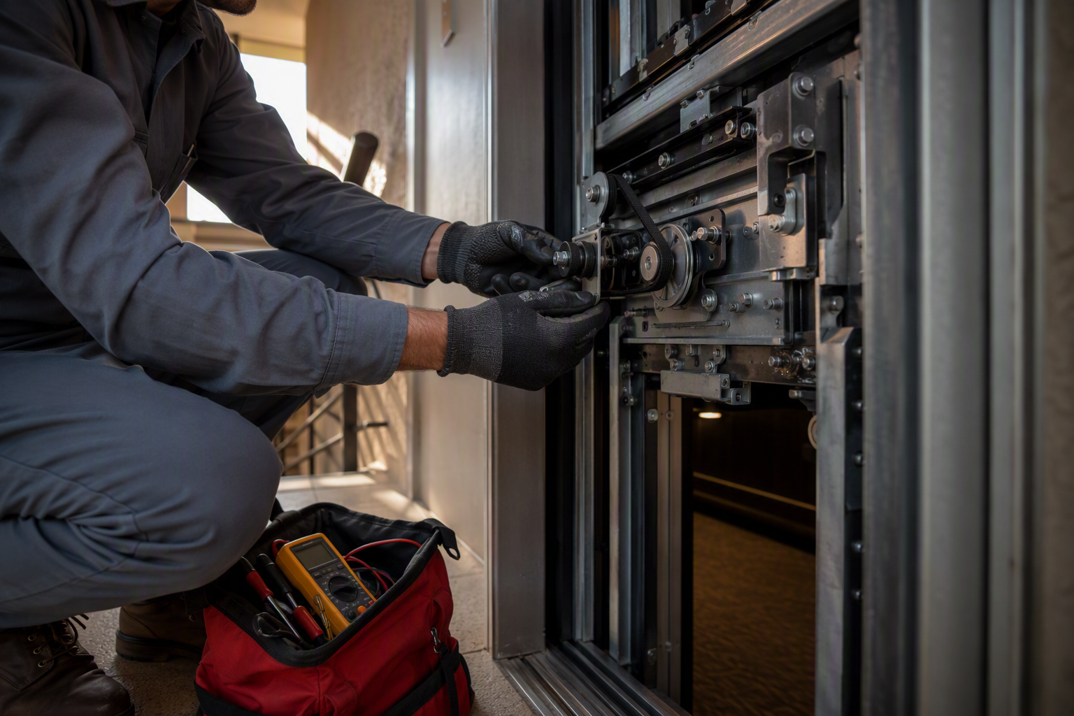 Elevator mechanic repairing faulty door operator assembly in Florida building to resolve violations and pass DBPR re-inspection and reinstate operating certificate