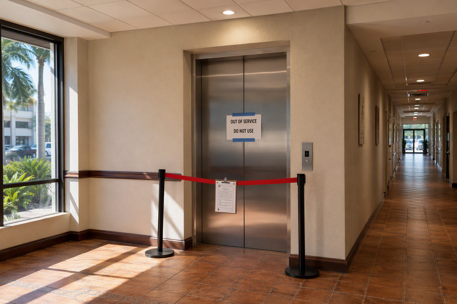 Florida elevator out of service with violation placard on stainless steel doors after failing a Florida state inspection in a Pompano Beach commercial building