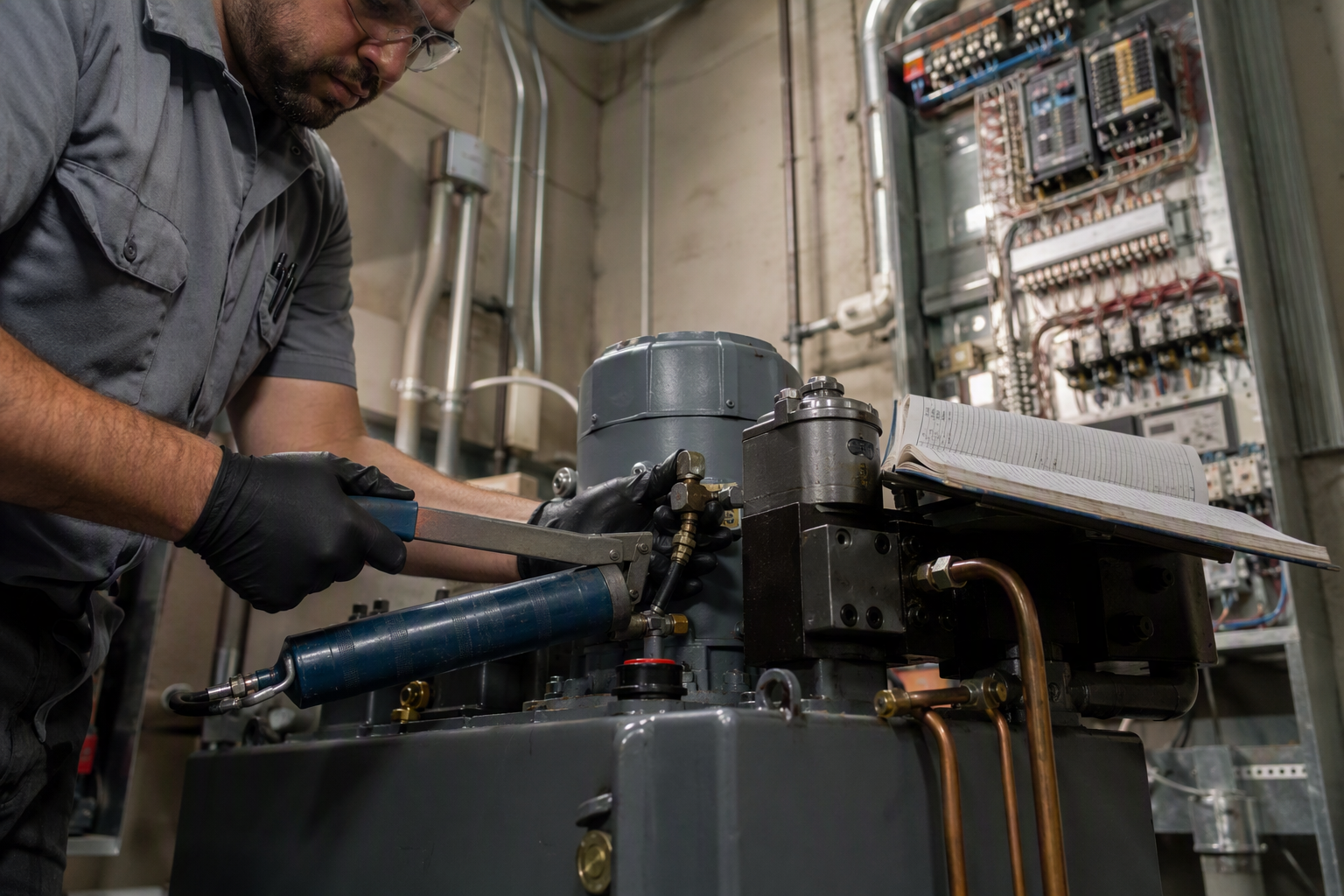 Full-Maintenance vs. Oil-and-Grease Contract — What's Actually Being Serviced Elevator technician performing hands-on lubrication and inspection inside a Florida commercial building machine room under a full-maintenance contract