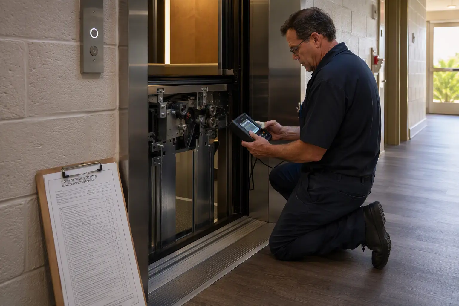 Scheduled Maintenance Visit Frequency and What Technicians Should Be Checking Elevator technician testing door operator and clutch assembly during a scheduled preventive maintenance visit at a Florida residential building