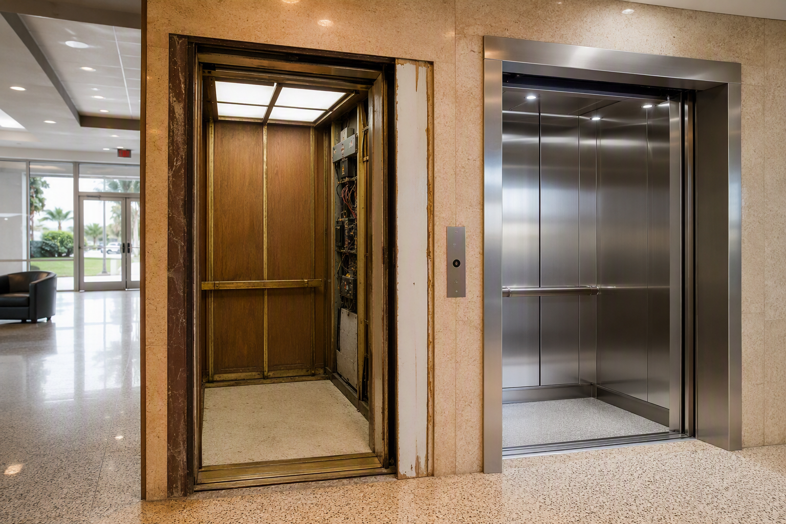 Side-by-side comparison of an elevator undergoing modernization versus a completed full elevator replacement in a Florida mid-rise office building lobby